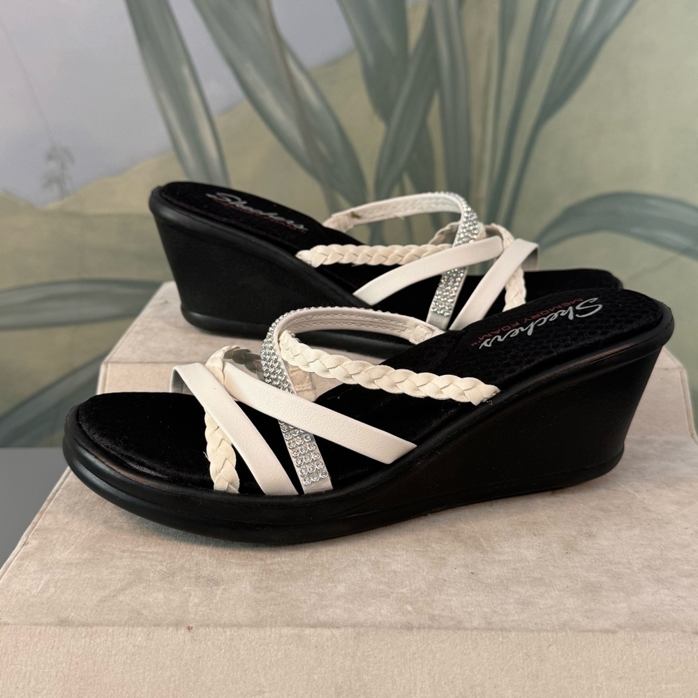 Skechers White Braided & Rhinestone Wedge Sandals, size 8, NWOT